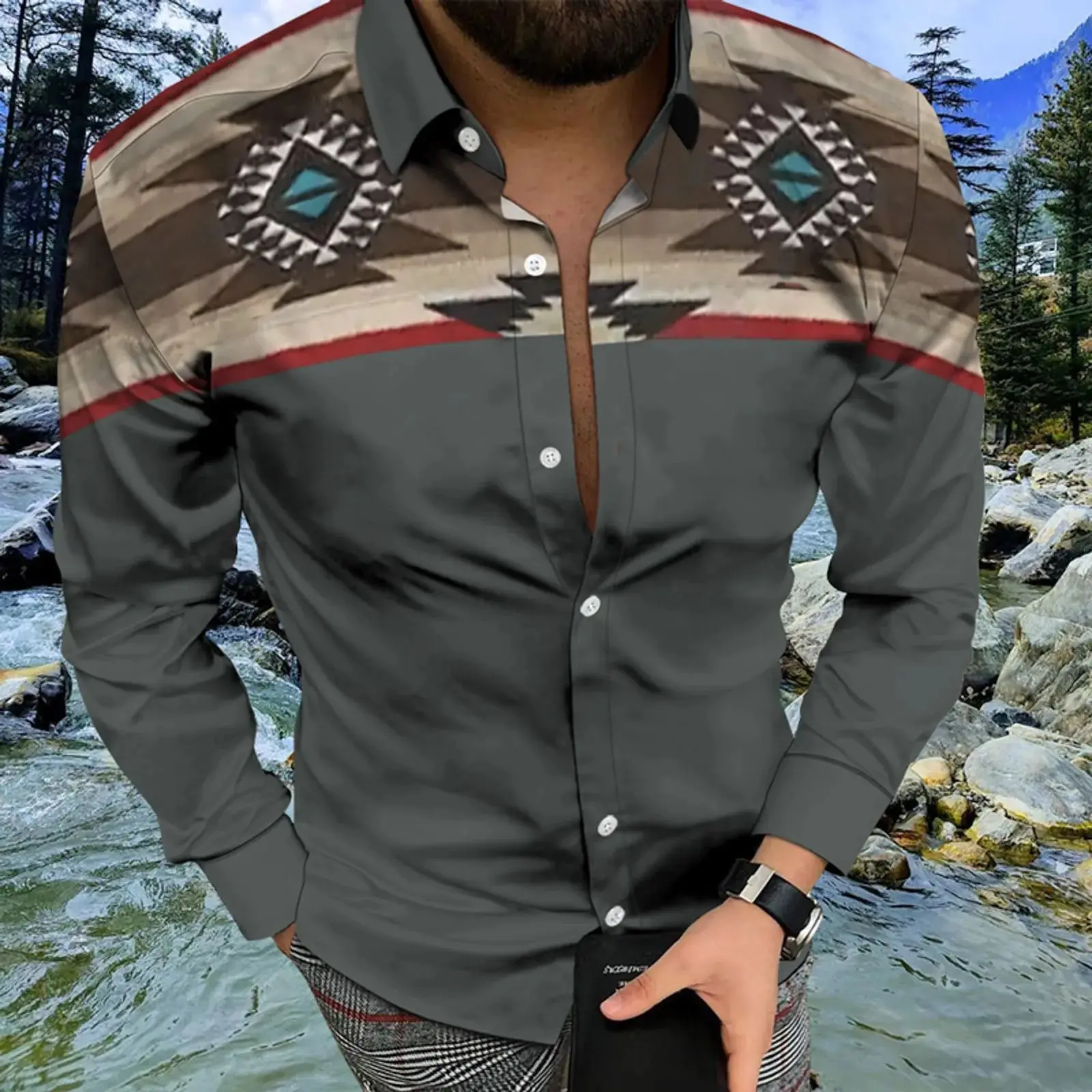 Social Fashion Men's Casual Buttoned Shirt Aztec Ethnic Thickened Fleece Lined  Collar Nine Sleeve Autumn Wear