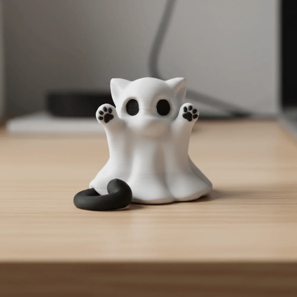 3D-printed Halloween Kitten Ghost Ornament Mini Hand-Raising Posture Ghost Cat Ornament Plastic Ghost Cat Figurine Collectible