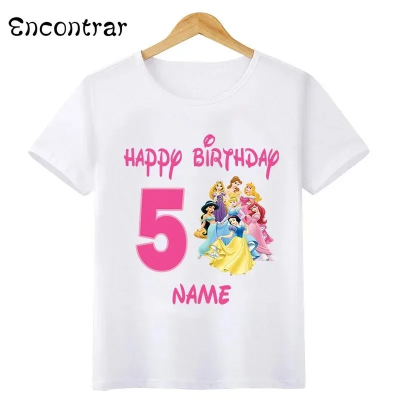 Disney Princess Belle Aurora Mermaid Print Happy Birthday Kids T Shirt Girls Clothes 1 2 3 4 5 6 7 8 9 Years Baby Boys T-Shirts