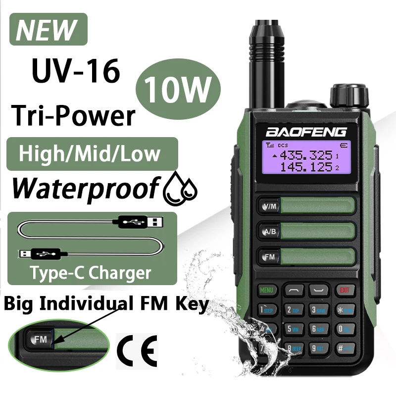 BAOFENG UV-16 Plus Walkie Talkie Professional USB Charger UV-16 Pro V2 10W Powerful Waterproof Dual Band Two Way Radios Receiver