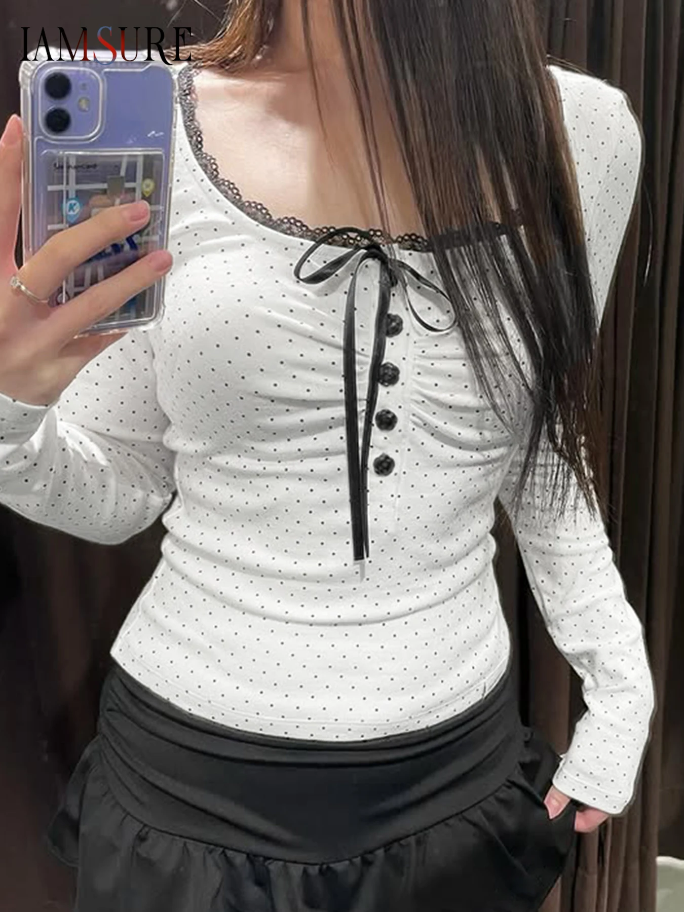 

IAMSURE Casual Lace Trim Dot Printed T Shirt Sweet Basic Slim O-Neck Long Sleeve Tees Women 2025 Autumn Spring Streetwear Ladies