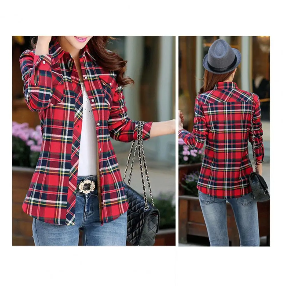 Plaid Print Women Shirt Coat Thick Fleece Lining Long Sleeve Pockets Single Breasted  Autumn Winter Jacket Shirt Outerwear