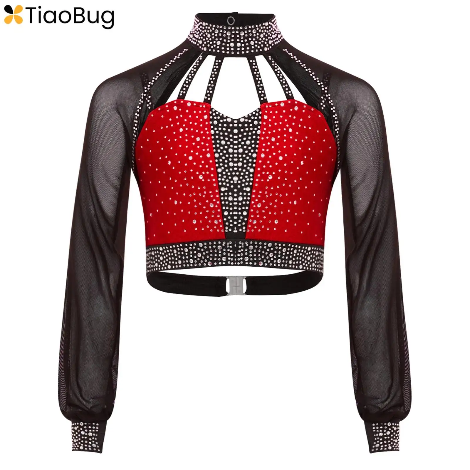 

Kids Girls Dance Top Long Sleeves Sheer Mesh Color Block Shiny Rhinestones Shirt Crop Tops Figure Skating Latin Jazz Dancewear