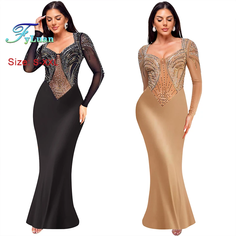 หรูหราแฟชั่นตาข่ายดูผ่านผู้หญิงชุดราตรีชุดนางเงือกเซ็กซี่ Elegant Party Club แขนยาว Rhinestone ชุดราตรียาว