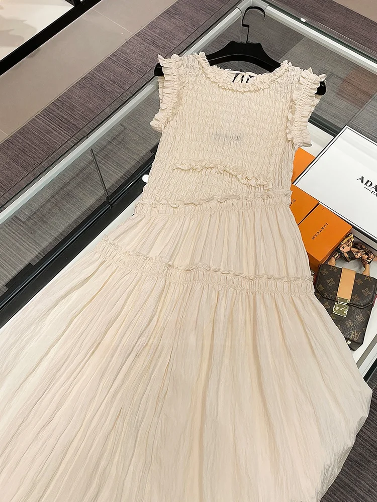 เสื้อกั๊กผู้หญิงสไตล์ยุโรประดับไฮเอนด์ Dr Uneven Hem Svel กระโปรงยาวทรงเอไลน์ฤดูร้อนเดินทางดีไซน์เรียบง่าย