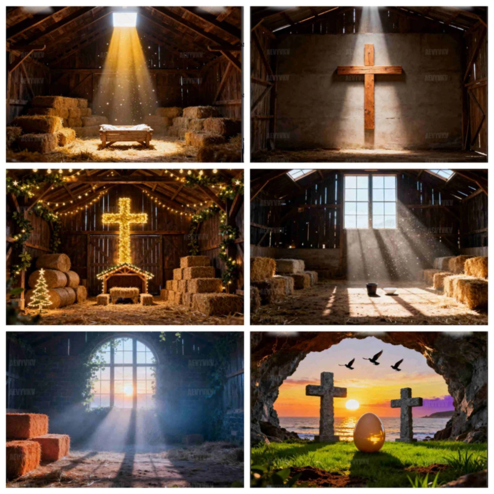 

Nativity Stable Wooden Manger Backdrop with Hay Bales and Light Cross for Christmas Church Scene Photography Background Props