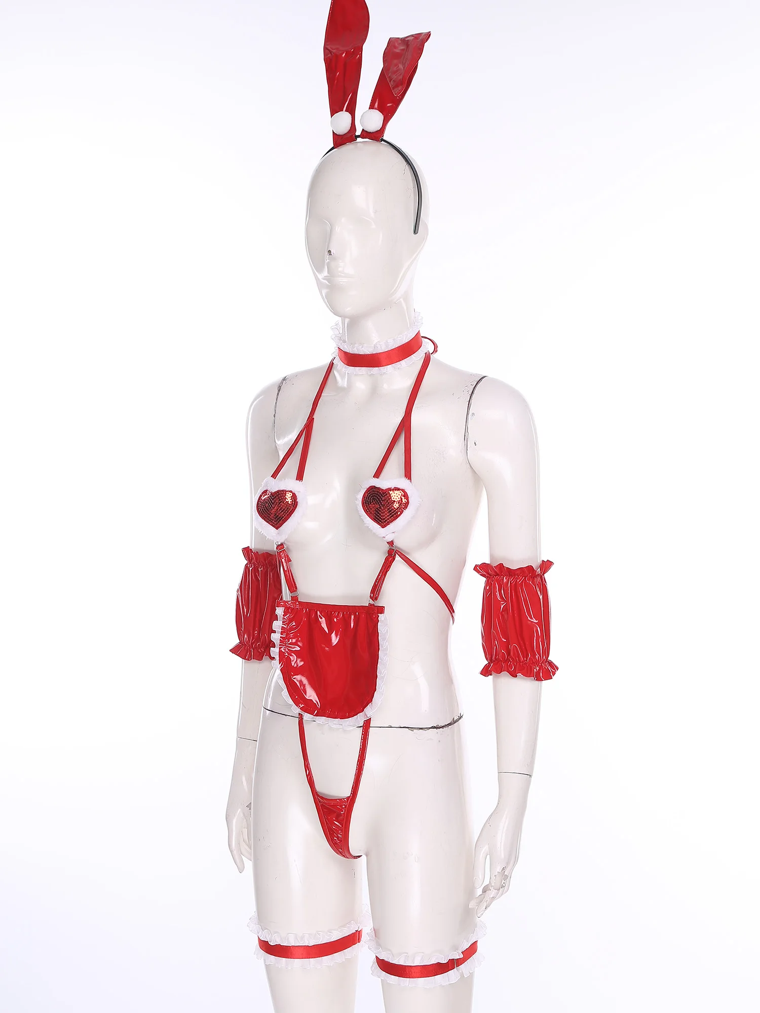 Женский сексуальный костюм горничной для косплея, женский комплект нижнего белья с кроликом, жирный ажурный кружевной отделкой с рюшами, микро-бюстгальтер, боди, стринги, головной убор