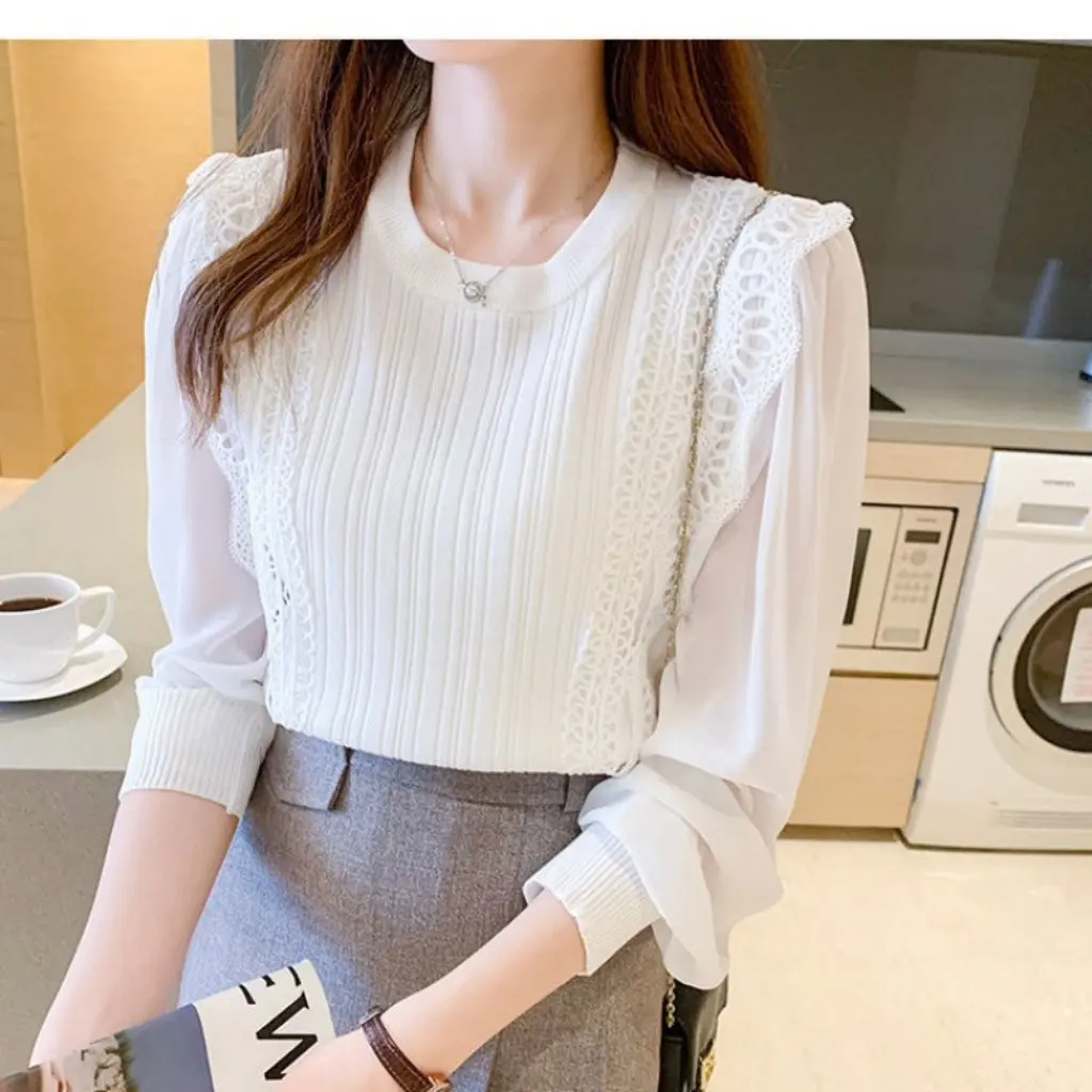 

Women's Chiffon Long-Sleeved Lace Knitwear Slim-Fit All-Match Top Pullover Sweater for Autumn And Winter New Style