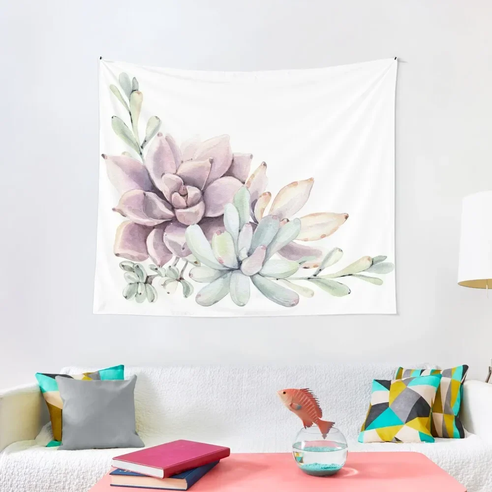 

Elegant Succulents Mint Green and Pink on White Desert Succulent Southwest Art Tapestry Room Decorating Aesthetic Tapestry