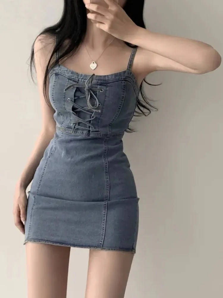 Retro Cross Strap Design Abnehmen Denim ter Dr frauen Chic Sommer Vintage Taille Cinched Dr Trendy Fem Kleidungsstück