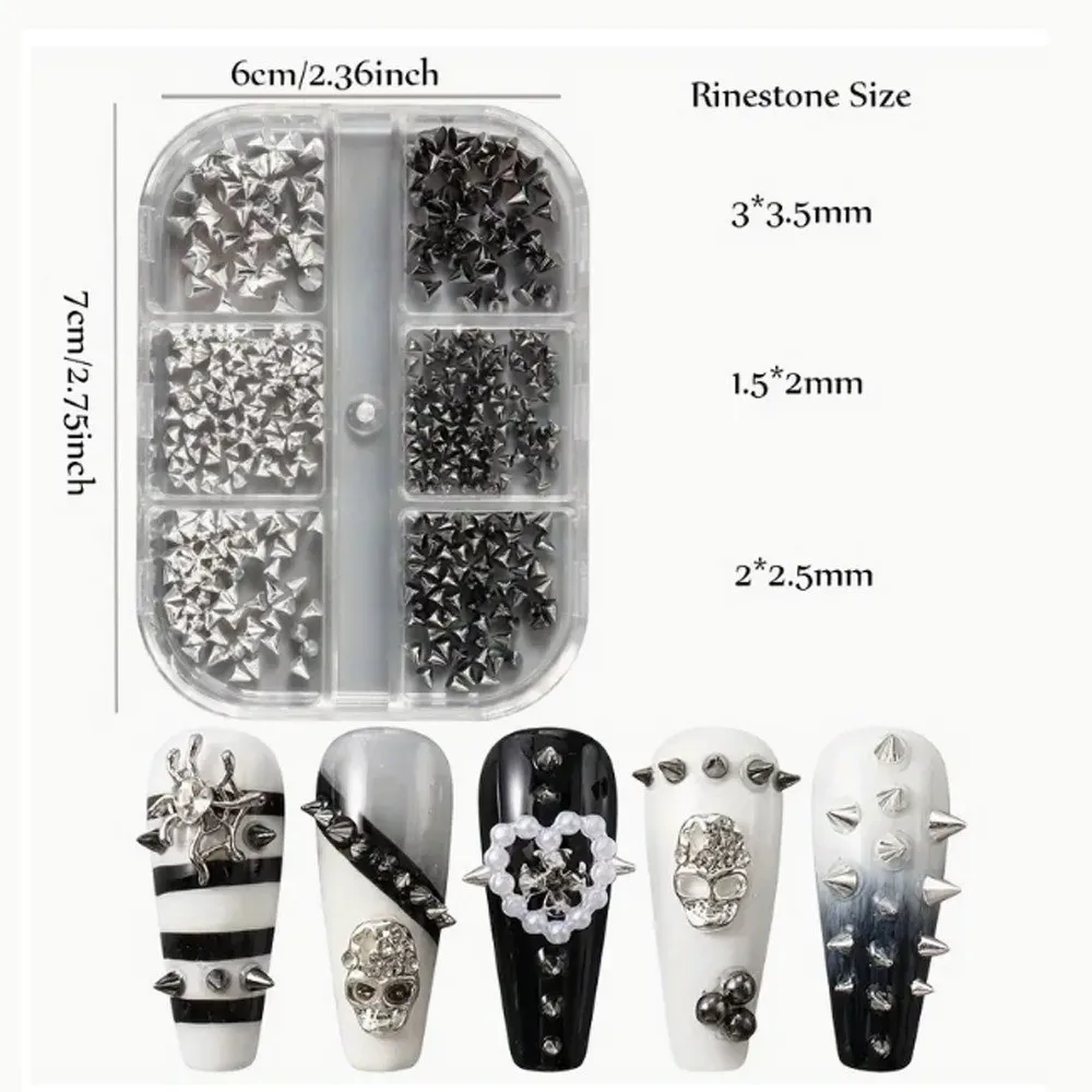 6 Grids Multi-Size Nail Art Studs Black And Silver Tone Tiny Cone Spike Shape Metal Nail Charms Mixed Alloy Material
