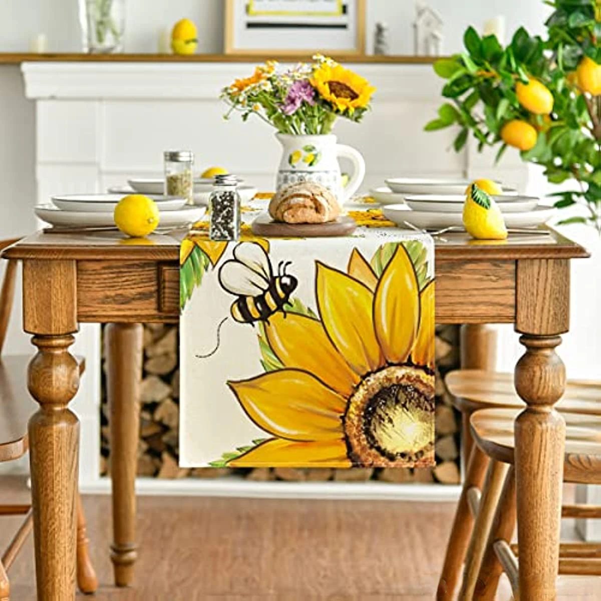 Summer Bee Sunflower Linen Table Runners Kitchen Dining Table Decoration Farmhouse Dining Table Runners Holiday Party Decor