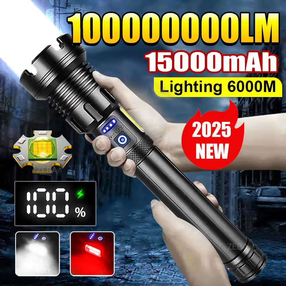 2025 New 15000mAh White Laser Flashlights 100000LM Ultra Powerful Flashlight Zoom USB Rechargeable Lantern Outdoor Camping Torch