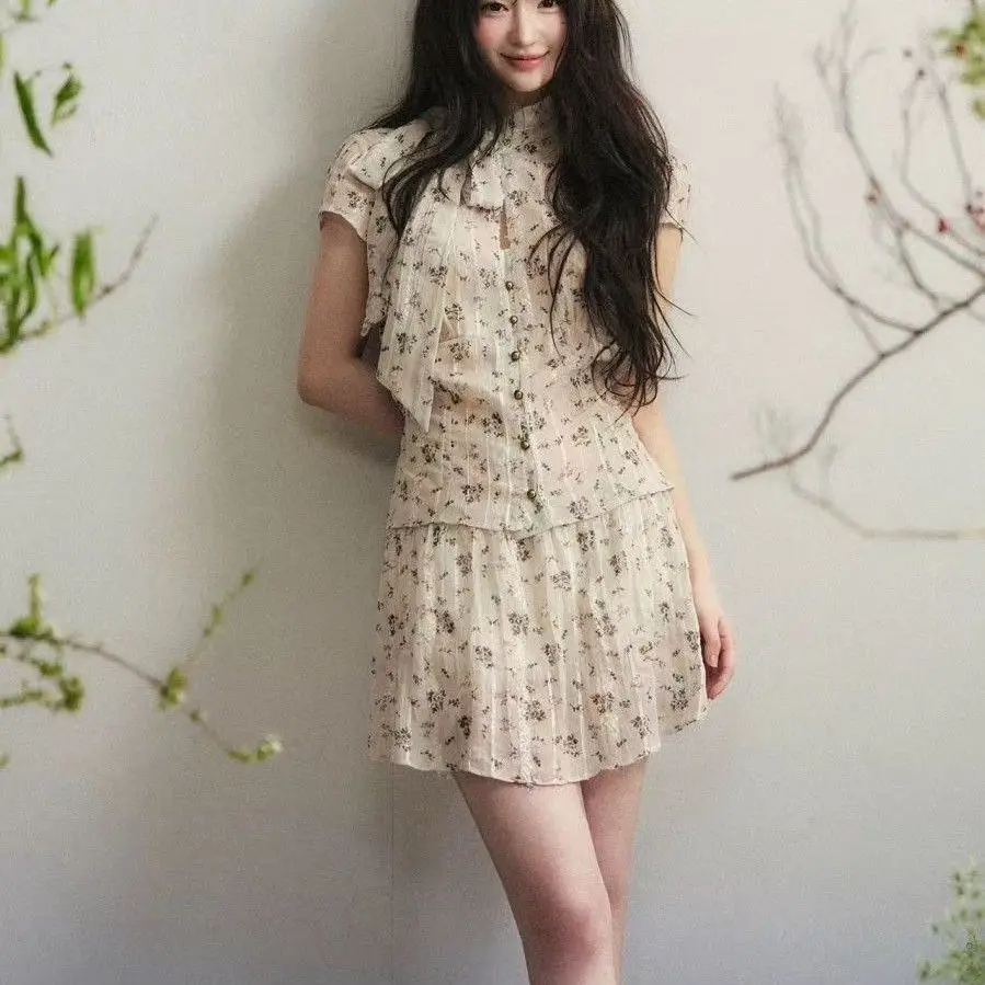 Spring Summer 2026 Floral Print Crop Top And Short Skirt Set Waist Cinched Half Length Korean Style Two Piece Fashion Ensemble