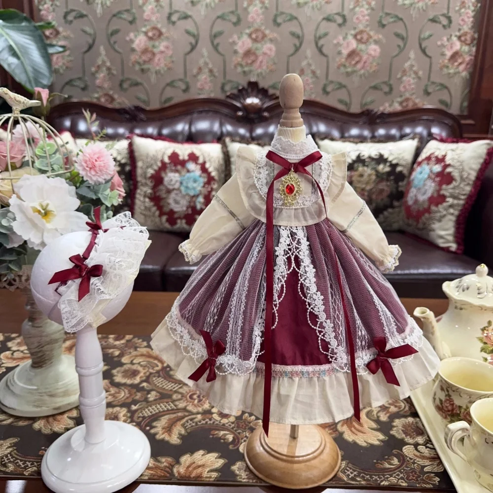 

BJD Doll clothes fit into 1/4 1/3 1/6 Blythe size Burgundy vintage short sleeve dress doll accessories