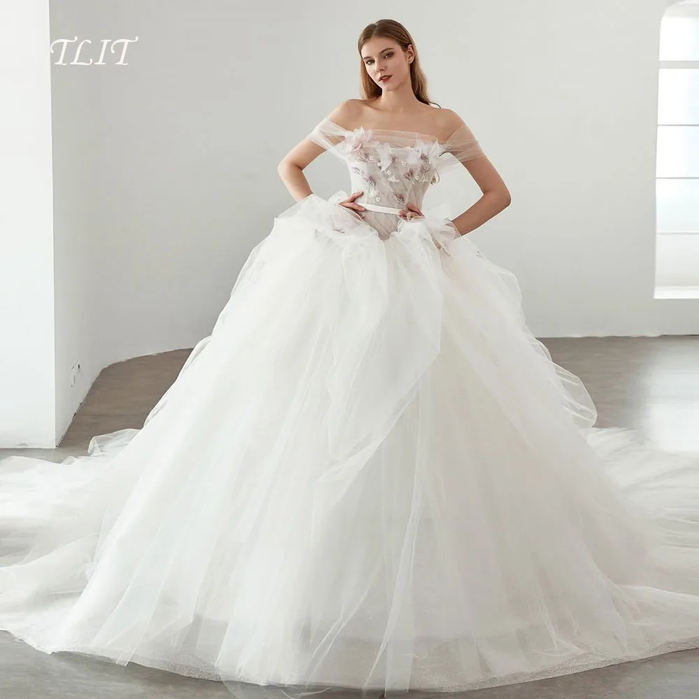 

TLIT luxurious Appliques Flowers Evening Dress Korea Wedding Dress Photo Shoot Off the Shoulder Crystal Prom Gowns Customized