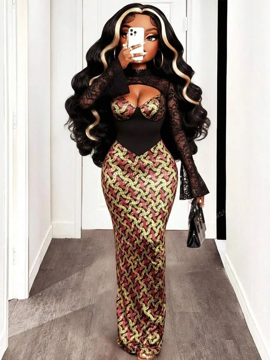 

Женское многоцветное вязаное облегающее макси-платье с длинными рукавами и кружевными вставками