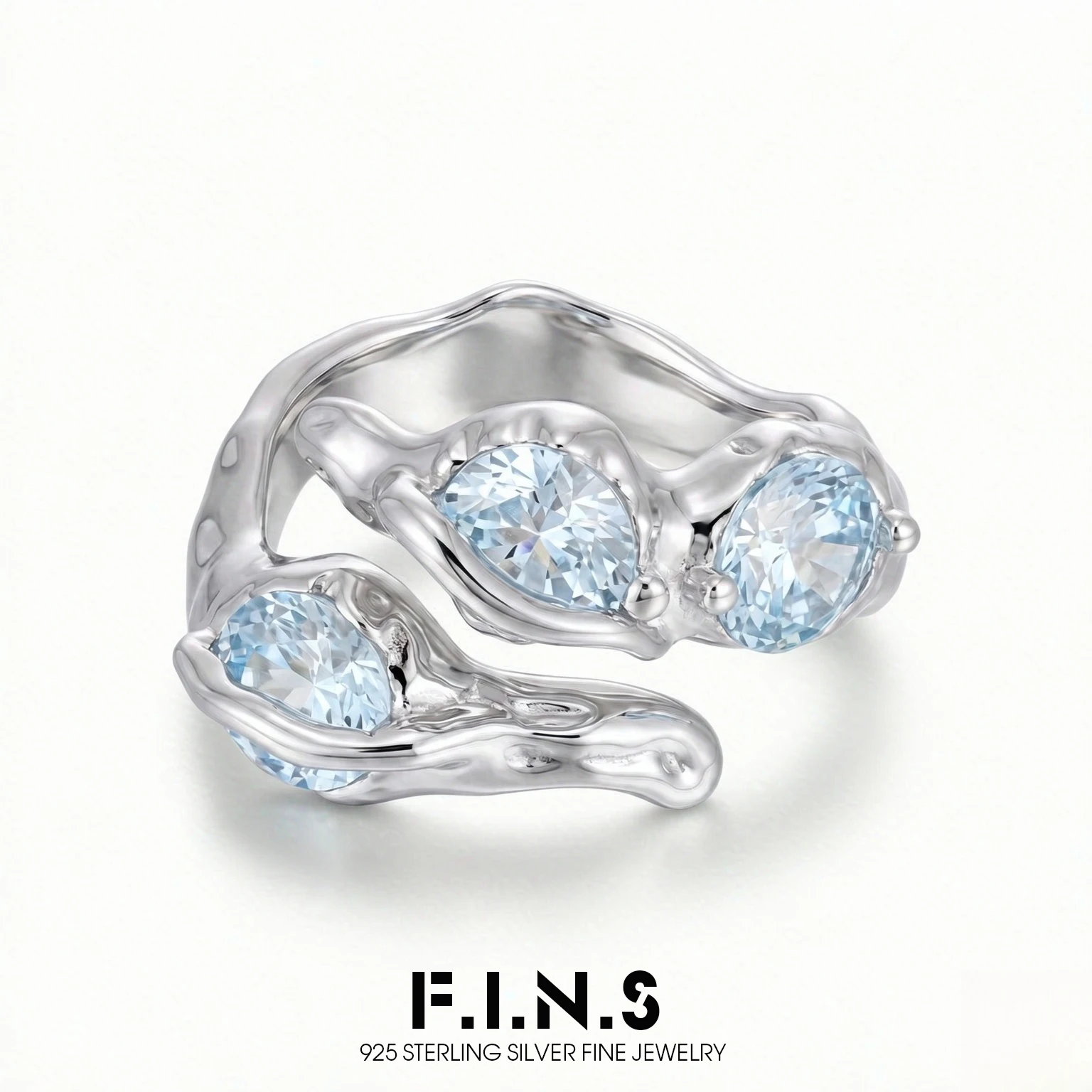 F.I.N.S Irregular Wave S925 Sterling Silver Zirconia Ring for Women Unique Luxury Blue Stone Statement Index Finger Fine Jewelry