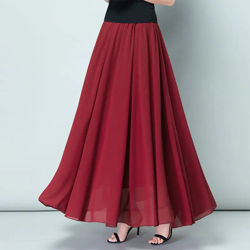 2022 Summer Women Chiffon Long Skirt A-Line Skirts Women Elastic High Waist Maxi Skirts Elegant Solid Skirts Femme Streetwear