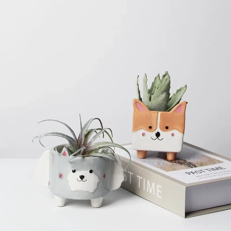 Cartoon Succulent Ceramic Flower Pot Cute Pot Hedgehog Bunny Puppy Small Animal Flower Pot Creative Bedroom Desktop Decoration