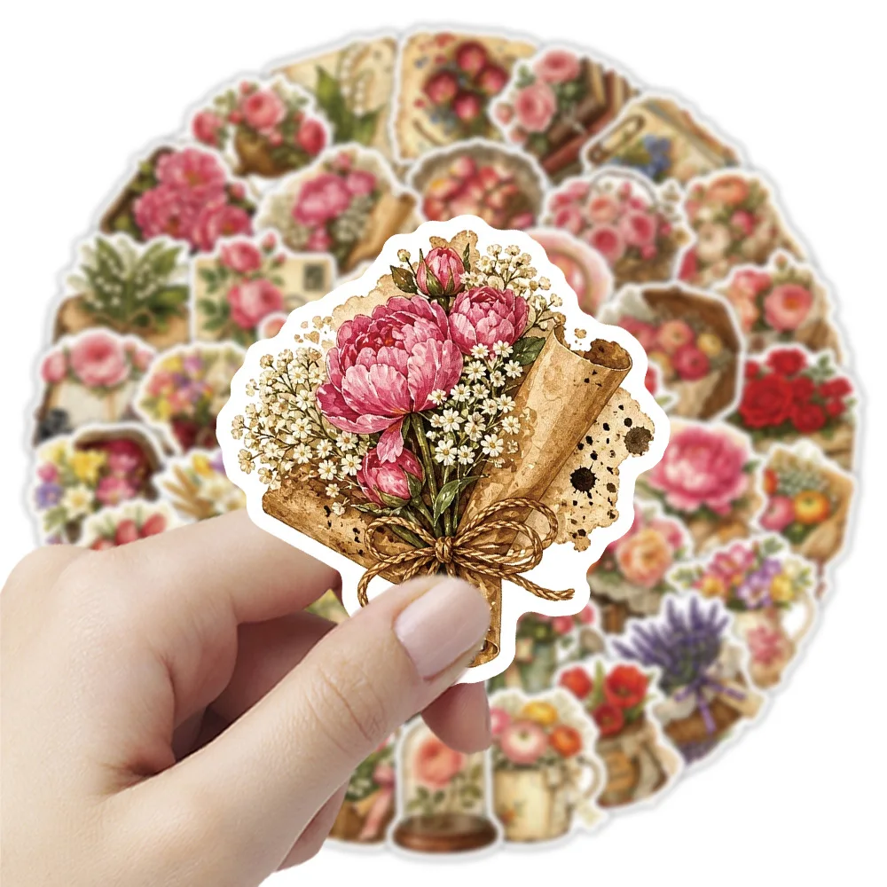 50Pcs Vintage Floral Stickers Retro Dried Flower Bouquet Decals Waterproof for Journal Laptop Water Bottle Scrapbook DIY Craft
