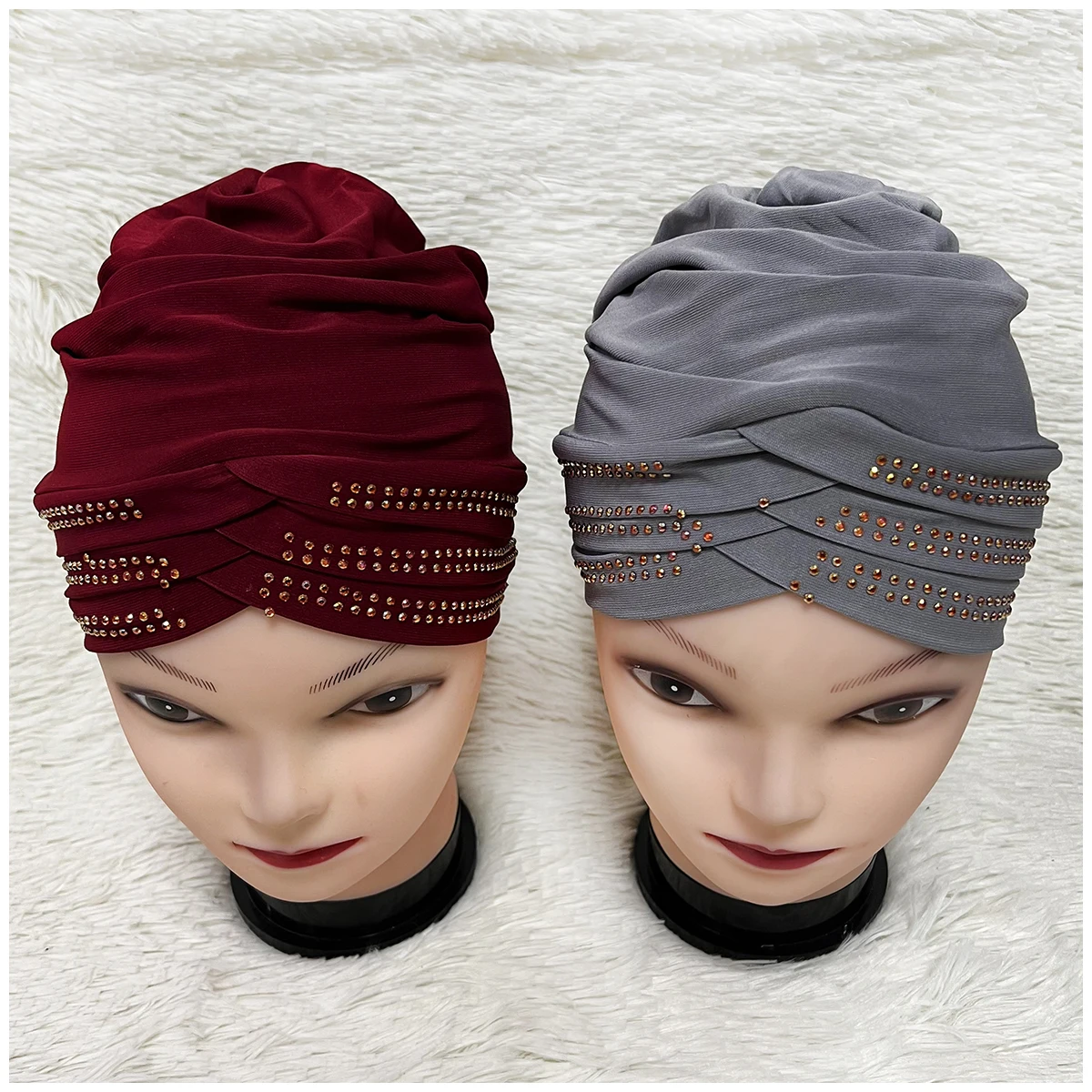 Turbante musulmán para mujer, gorro de terciopelo con diamantes de imitación, sólido, indio, 6/12 piezas