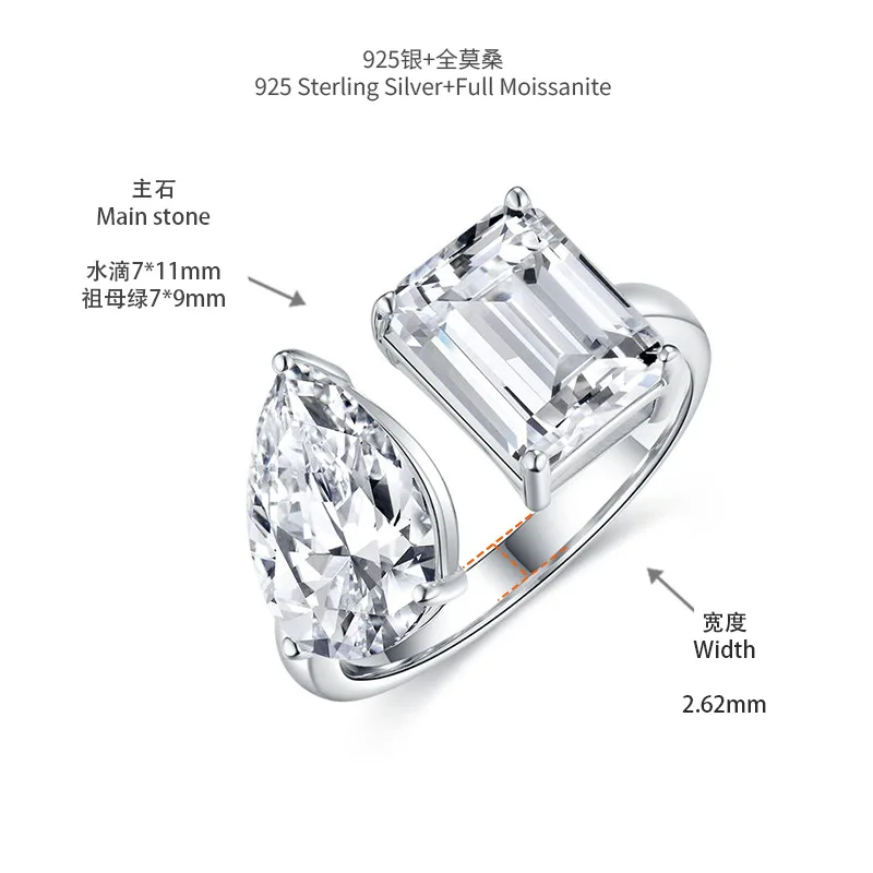 Trendy 2024 Luxury Moissanite Ring Women Hip Hop Open Wedding Band Original 925 Sterling Silver Gifts Pass Diamond Test