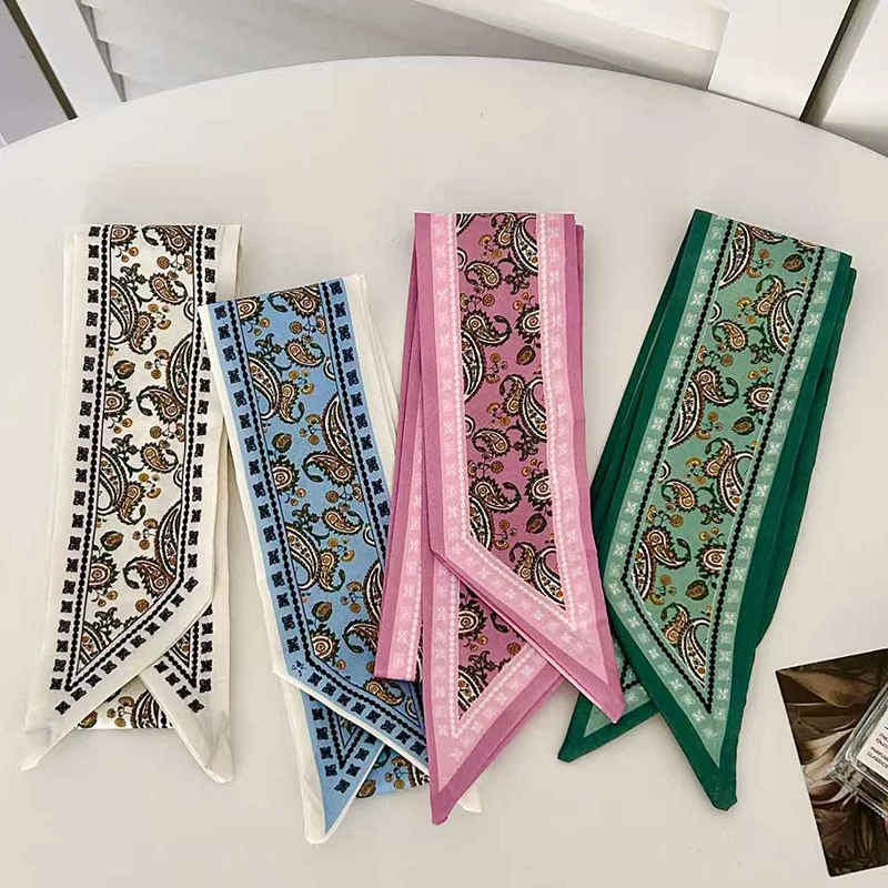 Woman Skinny Silk Scarf Long Hair Strip Silk Ribbon Small Neck Scarves Paisley Bag Handle Ribbon Kerchief Lady Tie 90Cm*6Cm image 2