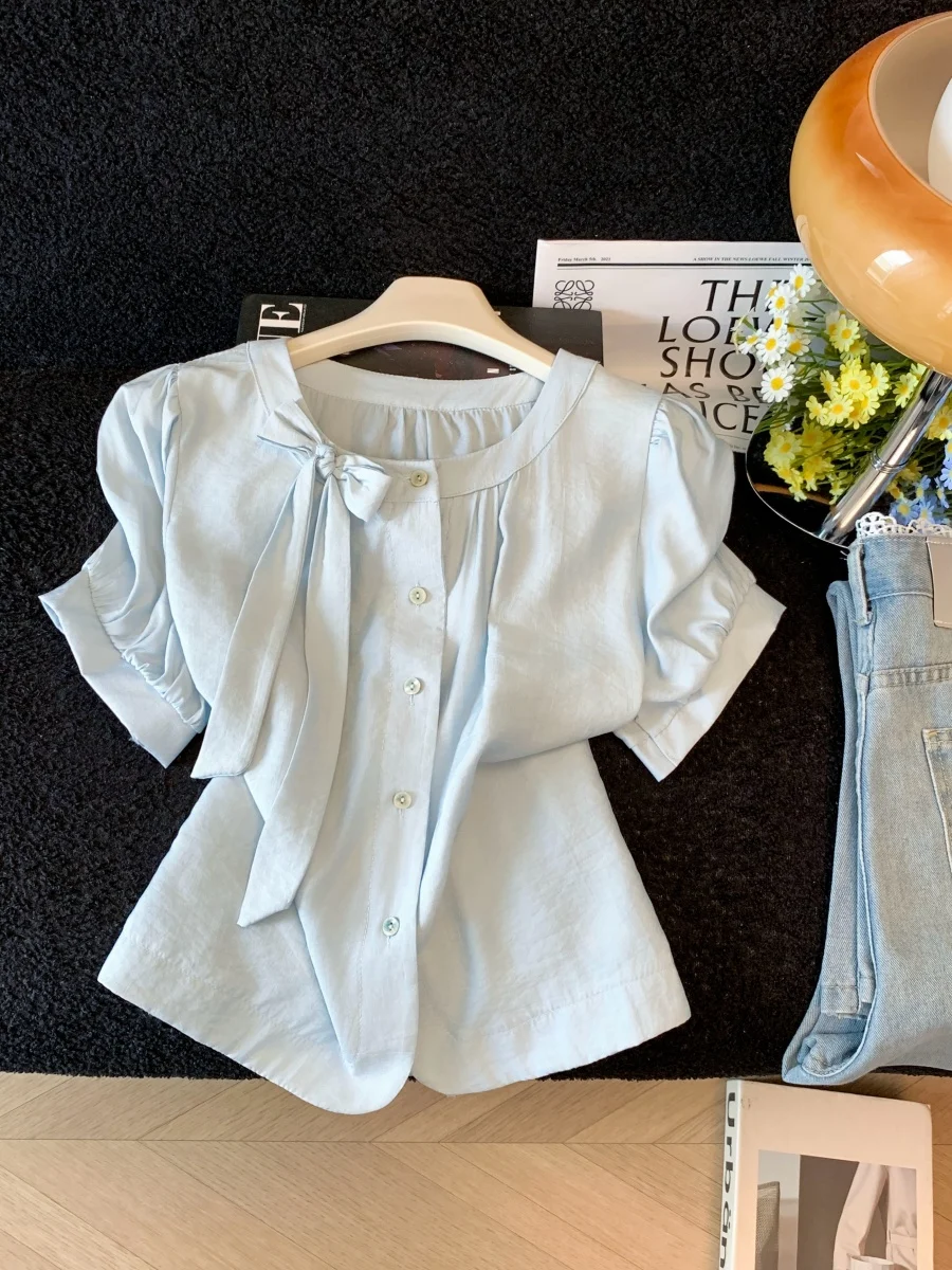 

Blue Bowtie Short Sleeve Shirt Women's Summer New Versatile Thin Single Button round Neck Bubble Sleeve Top Skin-friendly Bre...
