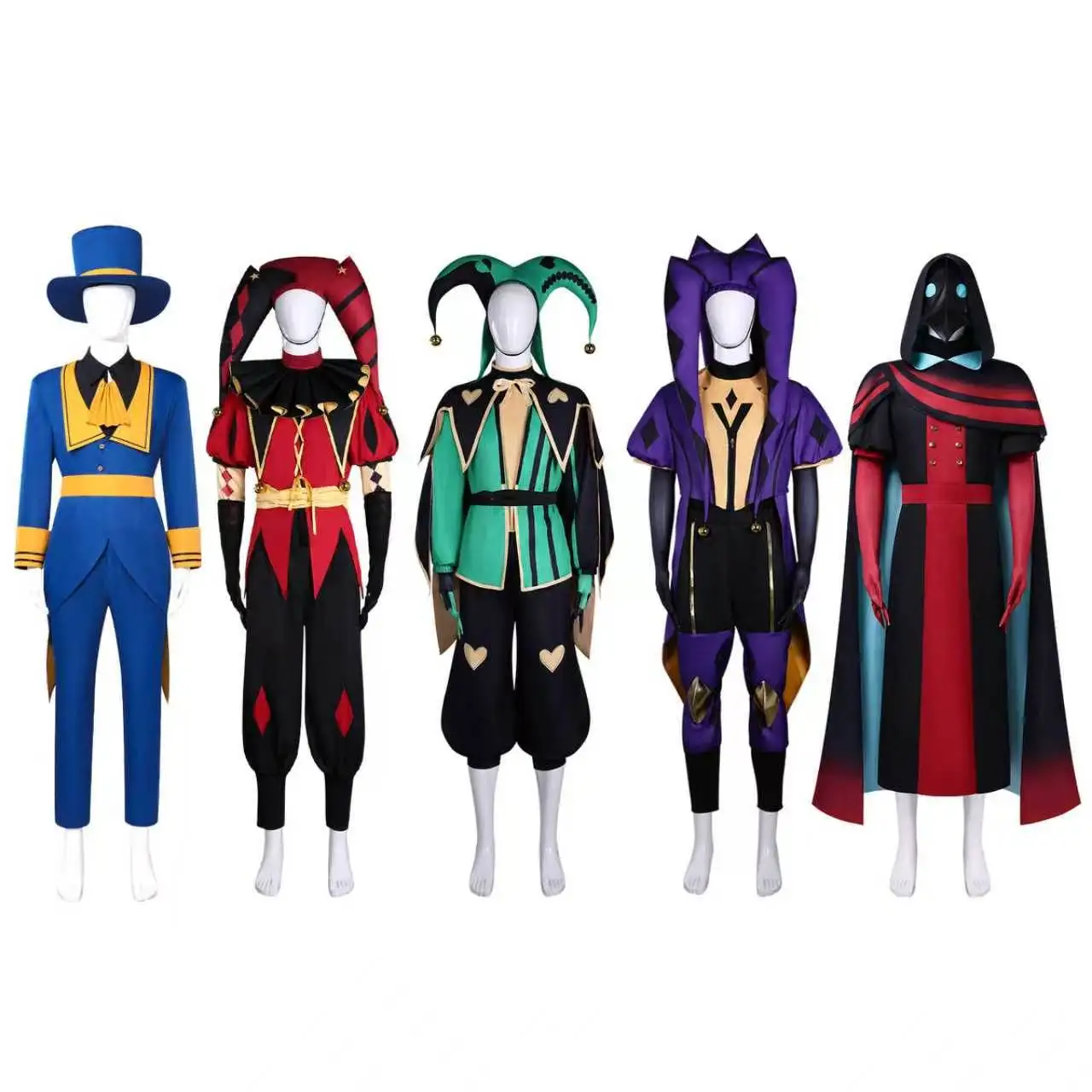 Disfraz de Cosplay de Halloween de Circo de Monstruos: Arlequín Verde, Pierrot Rojo, Bufón Morado, con Boletín, Conjunto Completo para Fiesta de Disfraces