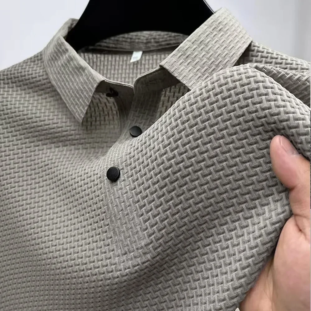 Summer New Men's Ice Silk Short-sleeved Lapel T-shirt Solid Colour Breathable Cool Feeling Polo Shirt Basic Style Tops