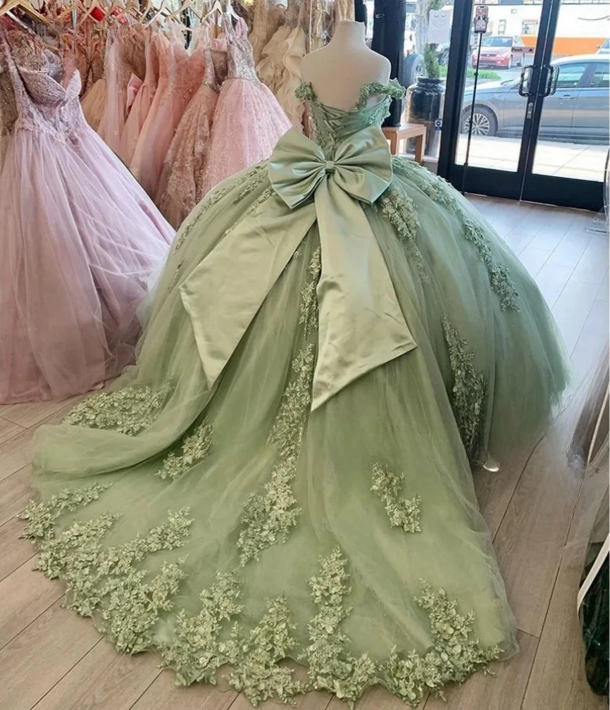 Mintgroene Prinses Quinceanera Jurken Baljurk Van De Schouder Appliqueert Sweet 16 Jurken 15 Años Mexicaans