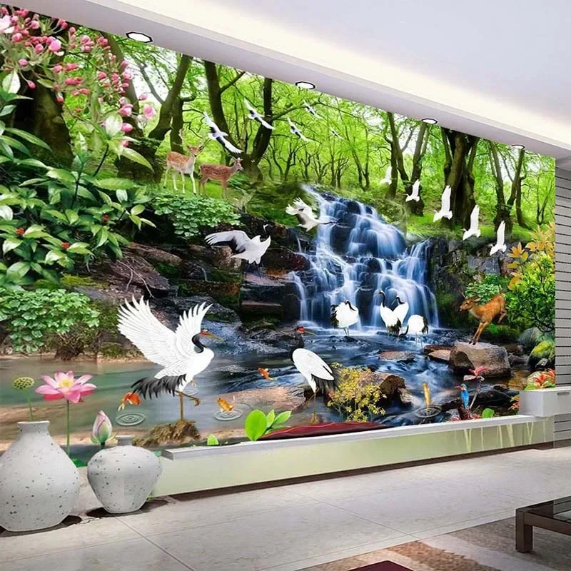 

Custom 3D Photo Wallpaper Large Mural Forest Waterfall Elk Bird Living Room Bedroom Background Wall Papel De Parede Tapety Fresc