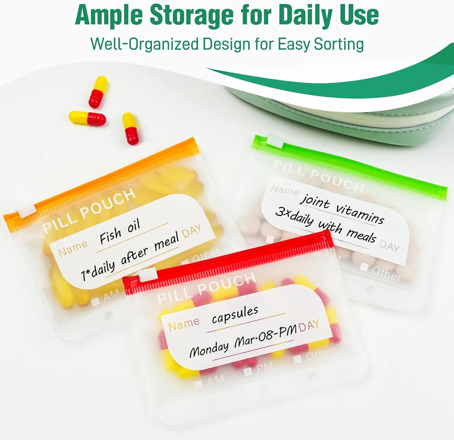 A8 Portable Travel Weekly Pill Organizer Set 14 Color-Coded Waterproof Medicine Pouches Reusable Zipper Pill Box Bag Dispenser Container for Vitamins Supplements Fish Oil Storage view 5