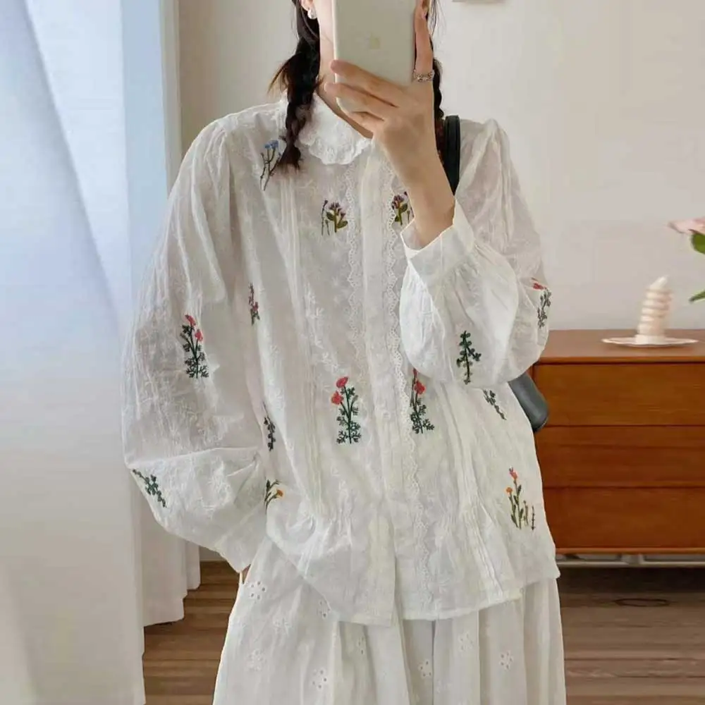 

Японские милые хлопковые рубашки с цветочной вышивкой для девочек Mori, женские осенние милые повседневные свободные блузки с воротником Питера Пэна и длинными рукавами