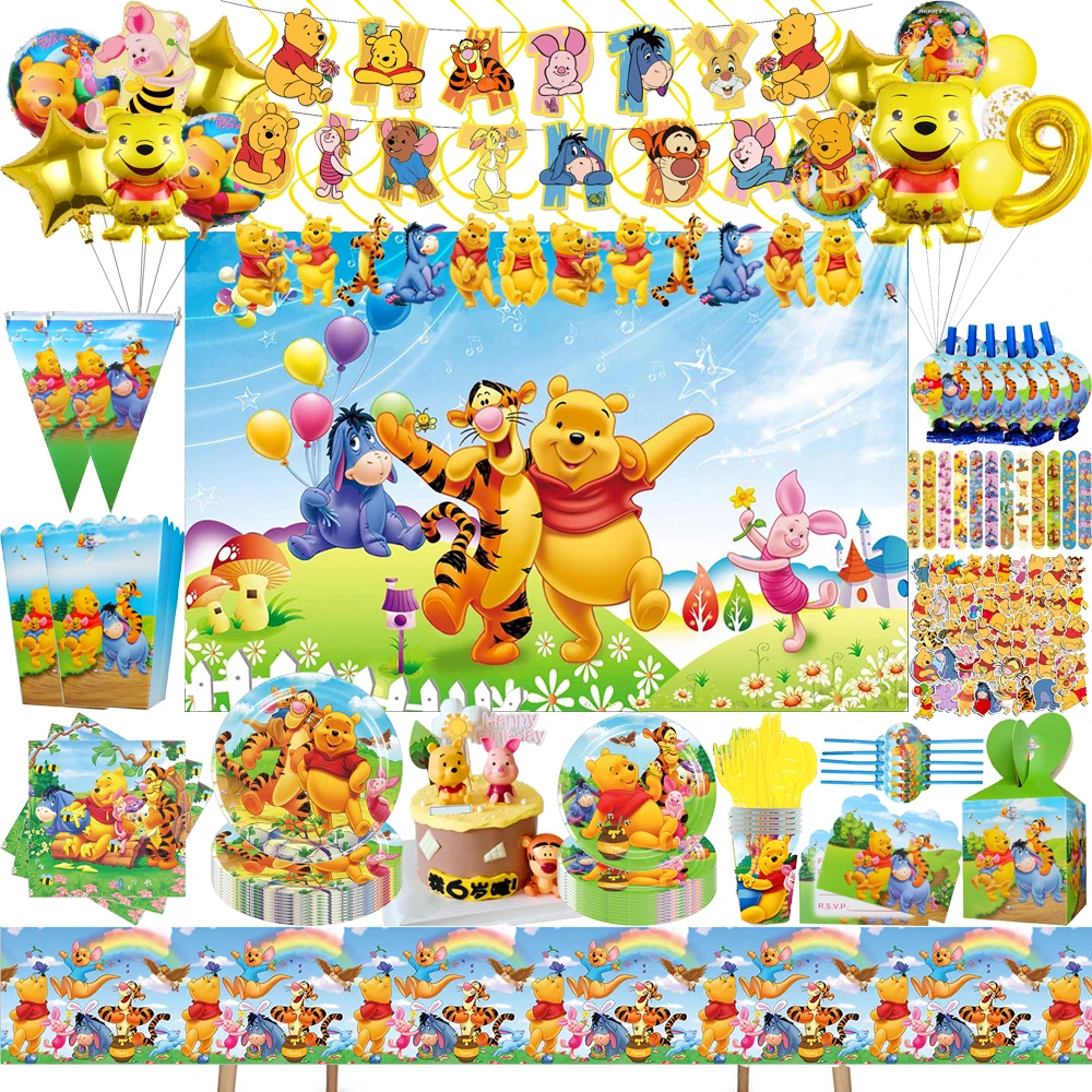 Winnie Pooh Birthday Party Decoration Disposable Tableware Paper Plates Cups Napkin Balloons For Kild Baby Shower Party Supplies