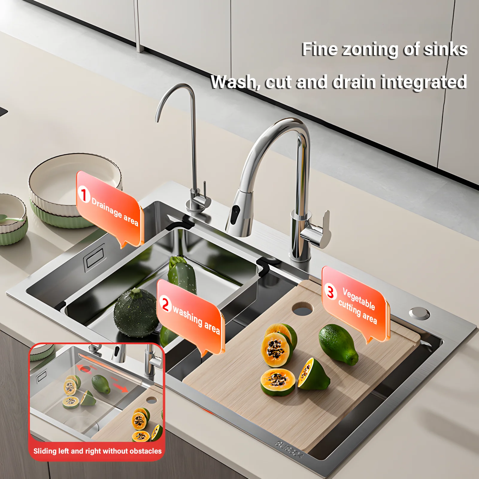 Large Capacity Multifunctional Kitchen Sink Honeycomb Embossing Vegetable Workstation With Waterfall Faucet Drain Accessories