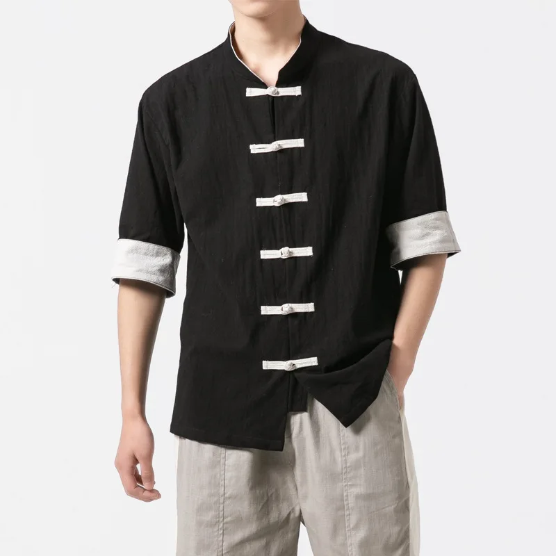 

Summer Linen Shirt Men Chinese Style Button Shirt Summer Short Sleeve Shirts Male Solid Color Tops