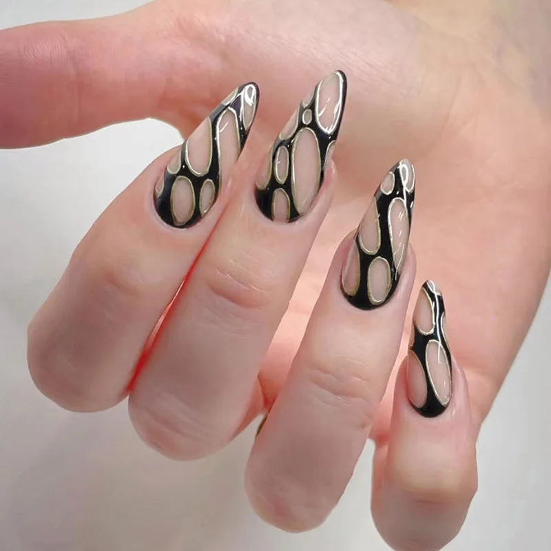 

24pcs Black Press-On Nails - Gold Wire & Bubble Texture Long Almond Glam Style False Nails Detachable Finished Nail Tips