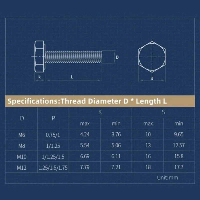 M8 M10 M12 Black 8.8 Grade Outside Hex Head Bolts Thread External Hexagon Screw Bolts Pitch 1.0/1.25/1.5mm