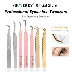 Gemerry Eylashes Tweezers Professional Eyelash Extensions Eyebrows Stainless Steel Fiber Tips Anti-Static Tweezers Tools Makeup