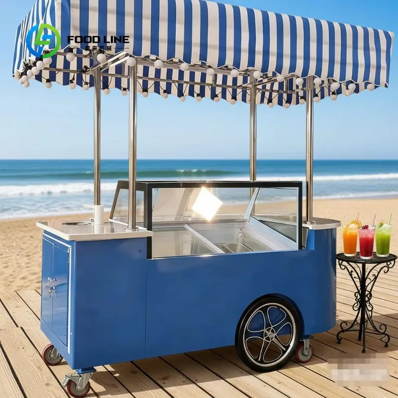 Customized Street Park Ice Cream Display Cart Strip Awning Mobile Cart for Birthday Wedding Festival Outdoor Event Catering
