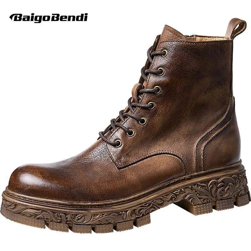 Trendy Men's British Vintage Carved Bottom Riding Boots Cool Man Genuine Leather Top Layer Cowhide Winter Work Shoes