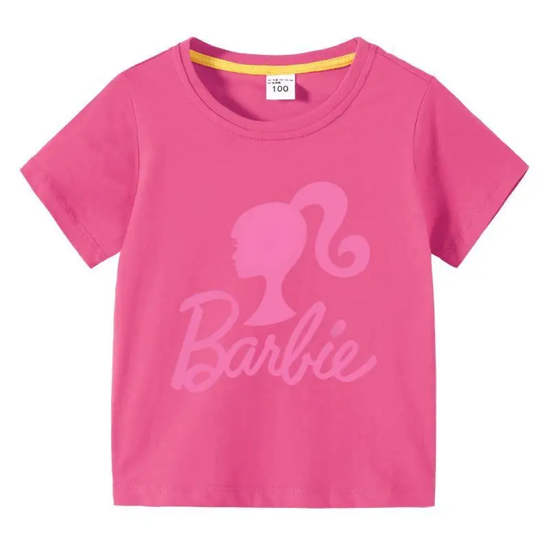 Camisetas de manga corta Kawaii Barbie para niños y niñas, camisetas de dibujos animados de verano, cuello redondo suave, camisetas blancas de moda de alta calidad, regalos