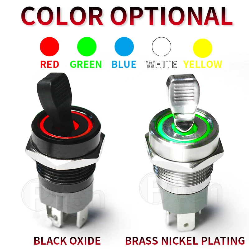 16mm  Self-locking ON-OFF Slide Power High Current Metal Toggle Switch Waterproof Push Button 2 Positions 1NO1NC Illuminated Led
