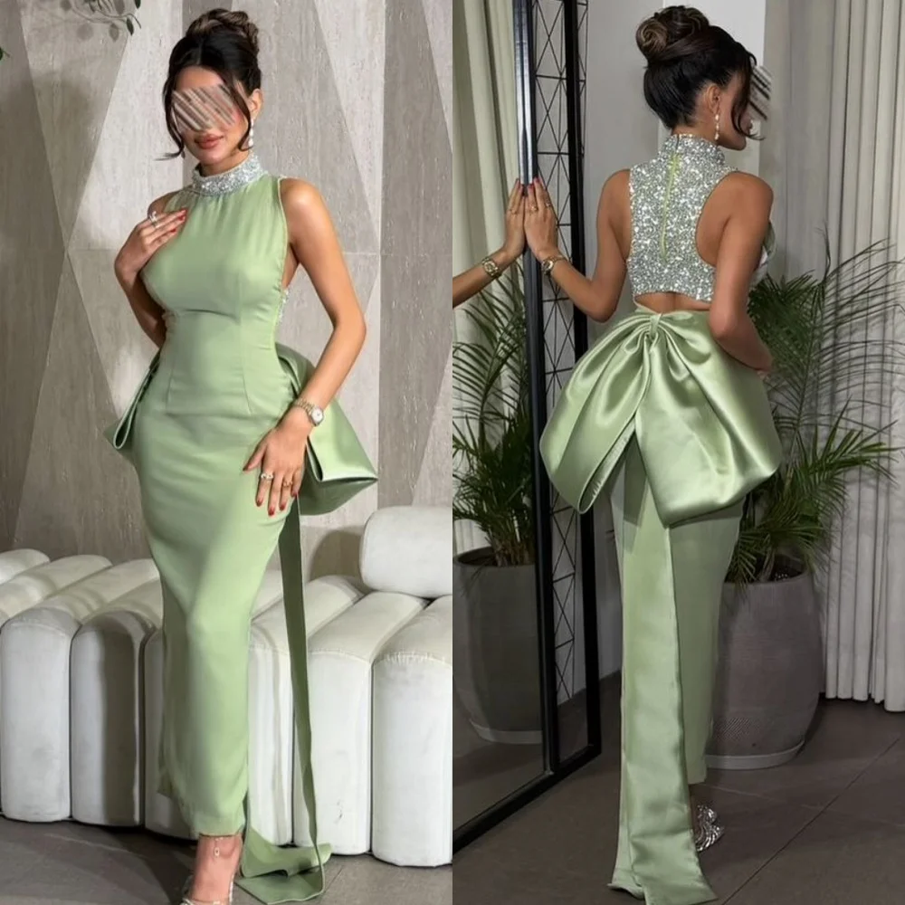 

Customized Elegant Classic Jersey Sequined Beading Column High Collar Ankle Length Dresses Evening Dresses Sizes Available Retro