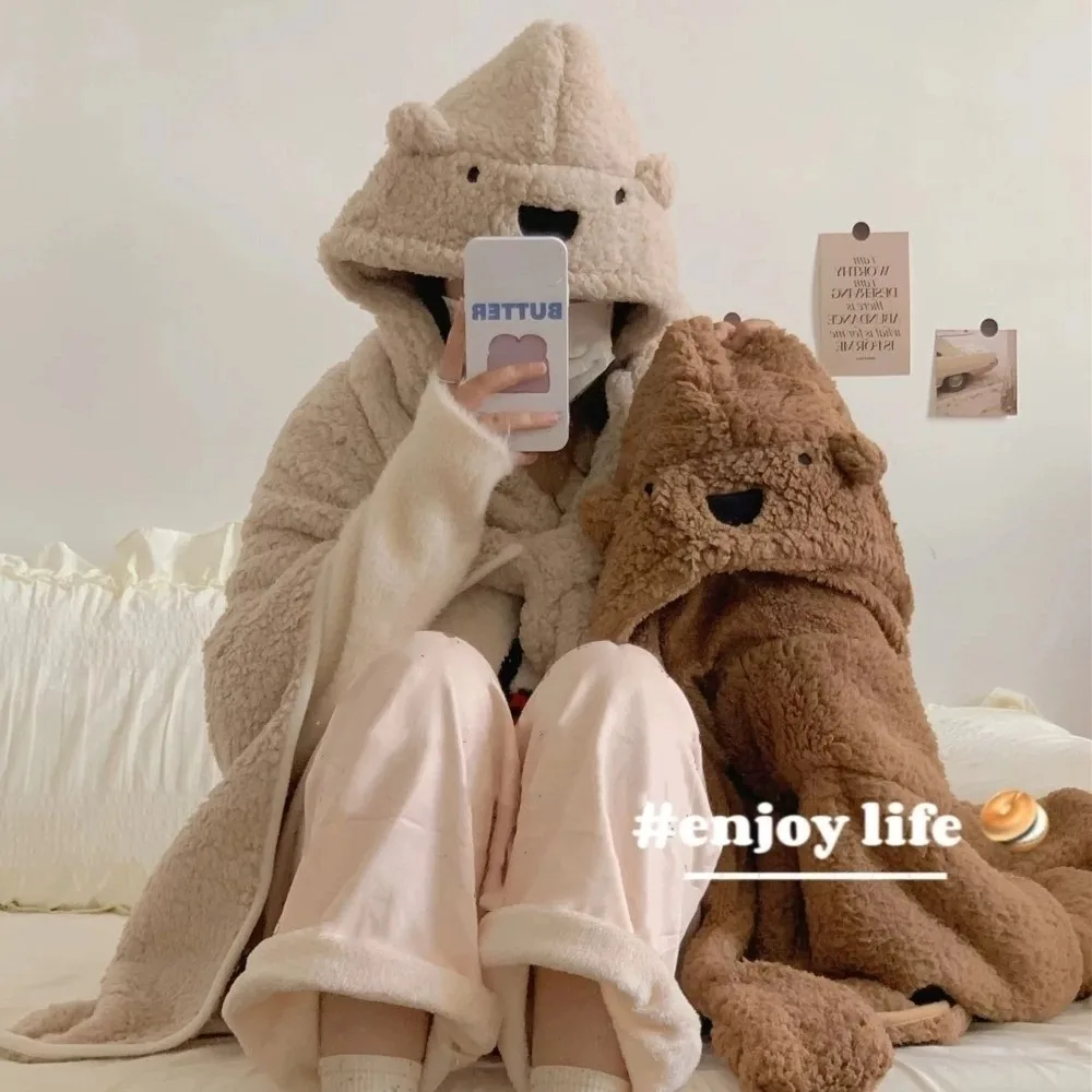 

Ins Style Kawaii Bear Hooded Blanket Soft Fleece Material Blanket Shawl Keep Warm Throw Blanket Hooded Cloak Winter Season