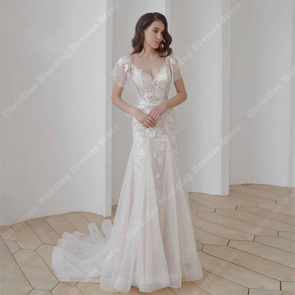 Robe de mariée en dentelle à manches courtes, col en V, appliques, tulle imprimé floral, patients, quel que soit le nouveau, robes de princesse dos nu, mariée unie, 2024