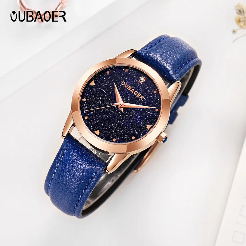 Oubaoer top original diamond quartz women\'s watch fashion starry sky dial leather strap waterproof ladies watch gift for ladies