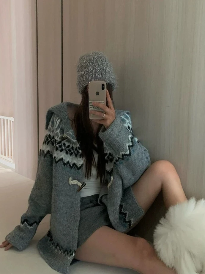 

Heavyweight Fair Isle Knit Sweater Coat Long Collar Chinese Sle Button Contrast Color Retro Warm Medium Length Open Cardigan